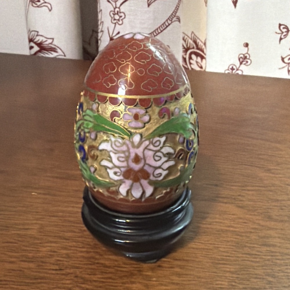 Vintage Cloisonne Enamel Colorful Floral Patterns Red Egg Figurine *No Stand*